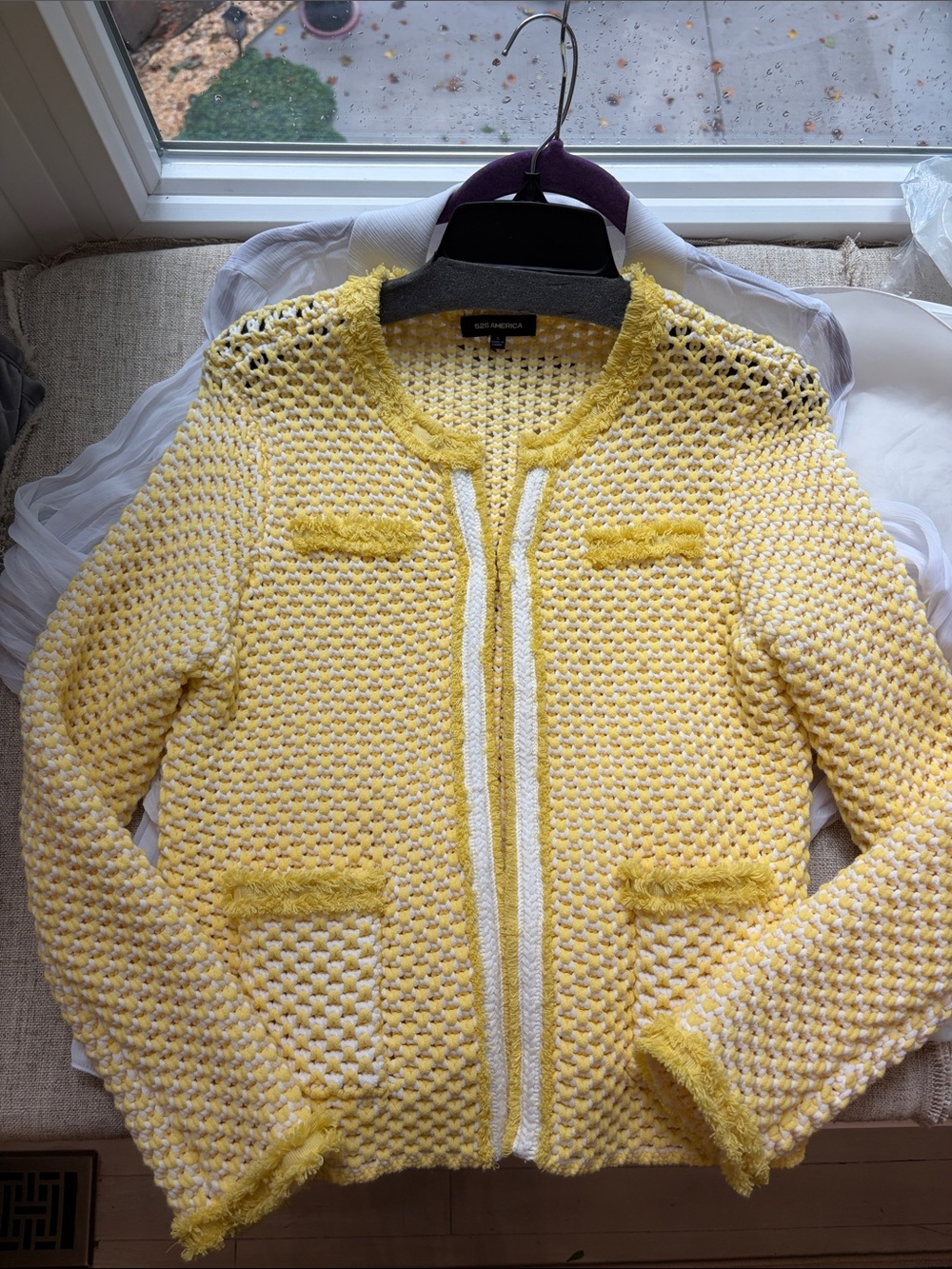High end 525 America Yellow and White Knit Open-Weave Sweater